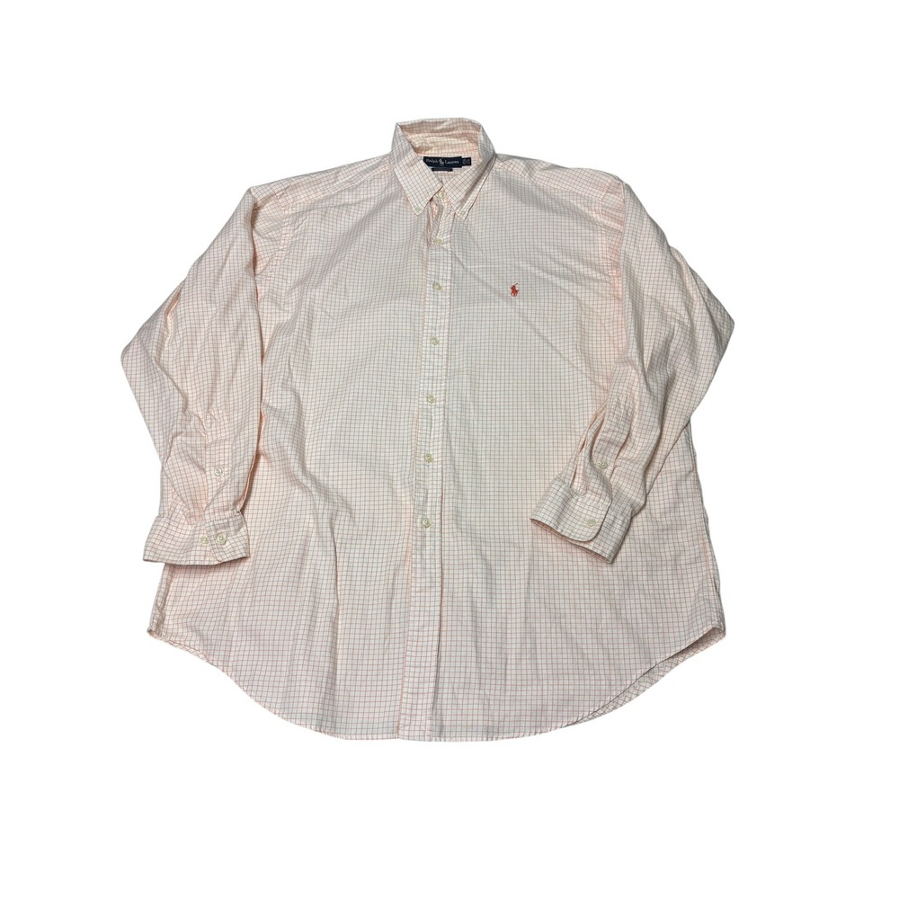 Ralph Lauren Yarmouth Mens 17.5 34/35 Orange White Check Cotton Button‎ Down